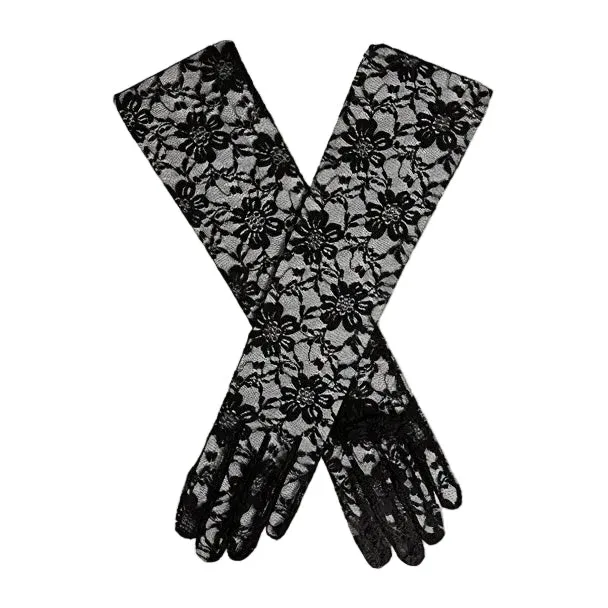Women's Long Above-Elbow Floral Lace Gloves in black