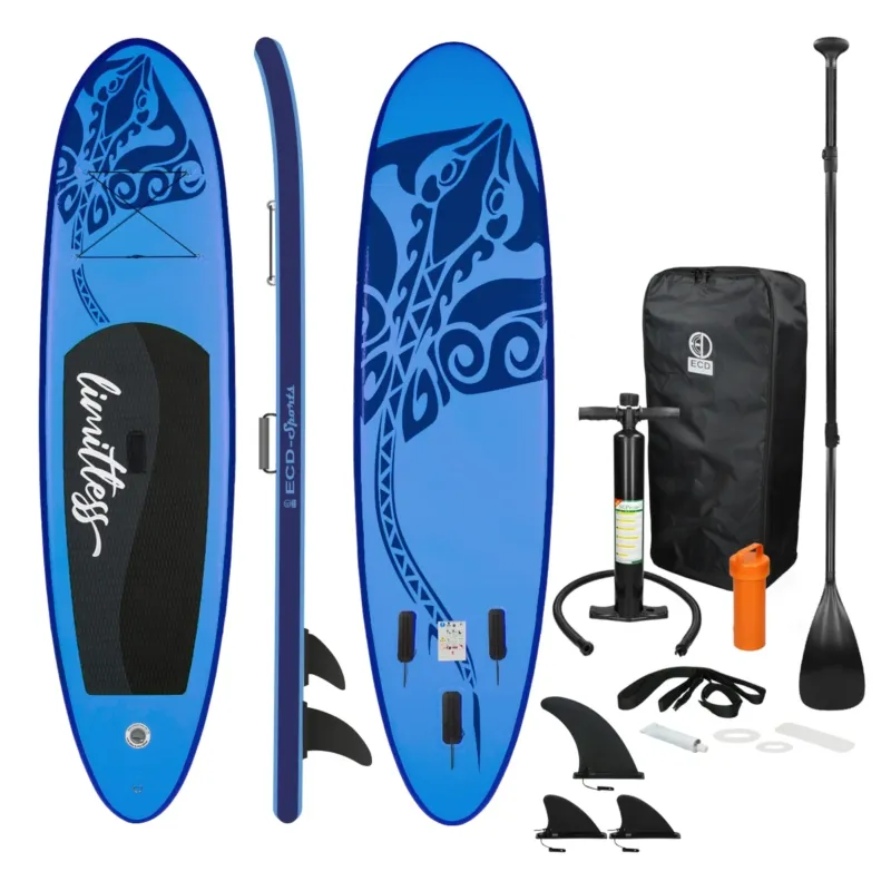 Stand-Up-Paddle-Board in Blau mit Zubehör auf weißem Hintergrund.